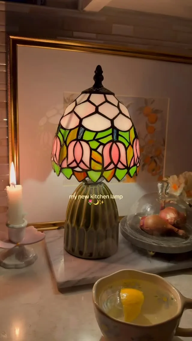 something about a whimsy little lamp in the kitchen for the coziest nights ever 🌙🌷🌟🕯️comment LAMP & I’ll send it to you 🤍
when I saw this beautiful (& budget-friendly) Tiffany style lamp, I knew I ✨HAD✨ to have it. I absolutely love the stained glass details and the pink tulips are adorable. 
 #whimsy #whimsicaldecor #cozyhome #lamp #amazonhomefinds